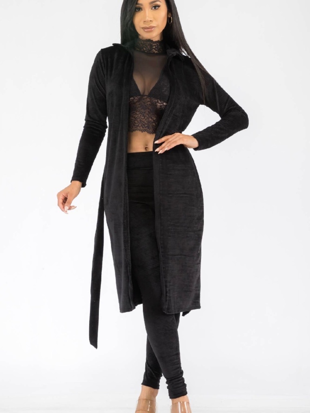 Kimono Style High-Kimono High Waisted 2PC Set HH577X-SL - 2 PC Pant Set: BLACK